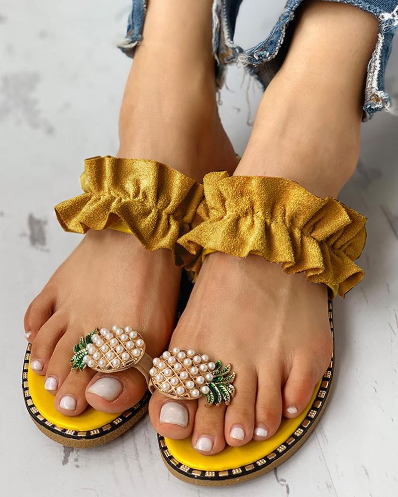 Pineapple Pattern Toe Ring Frill Hem Casual Sandals