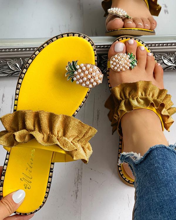 Pineapple Pattern Toe Ring Frill Hem Casual Sandals