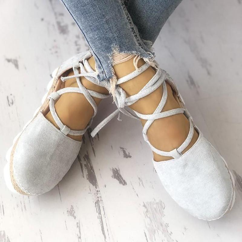 Solid Color Lace-Up Hollow Ankle Strap Flats