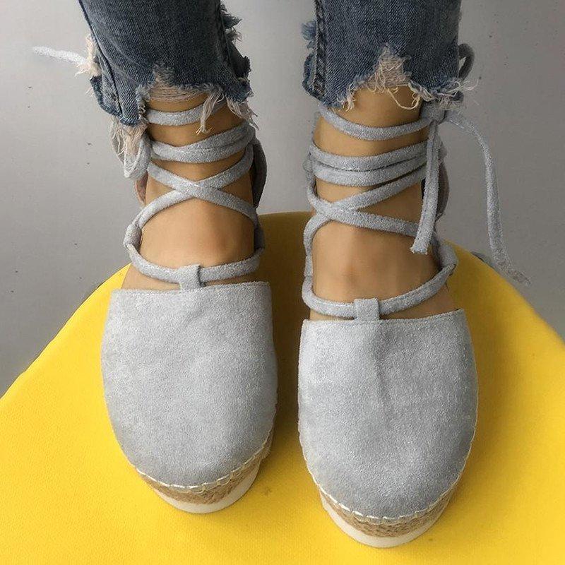 Solid Color Lace-Up Hollow Ankle Strap Flats
