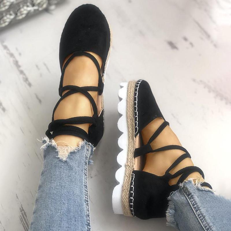 Solid Color Lace-Up Hollow Ankle Strap Flats