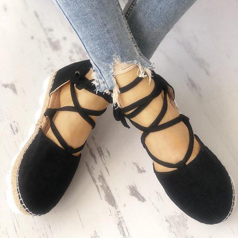 Solid Color Lace-Up Hollow Ankle Strap Flats