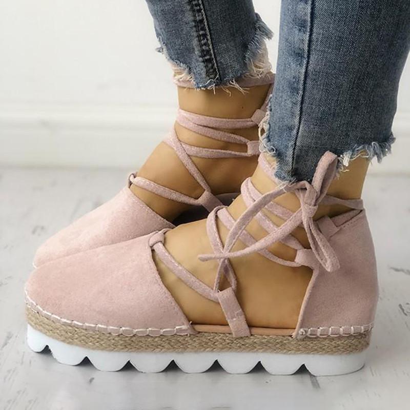 Solid Color Lace-Up Hollow Ankle Strap Flats
