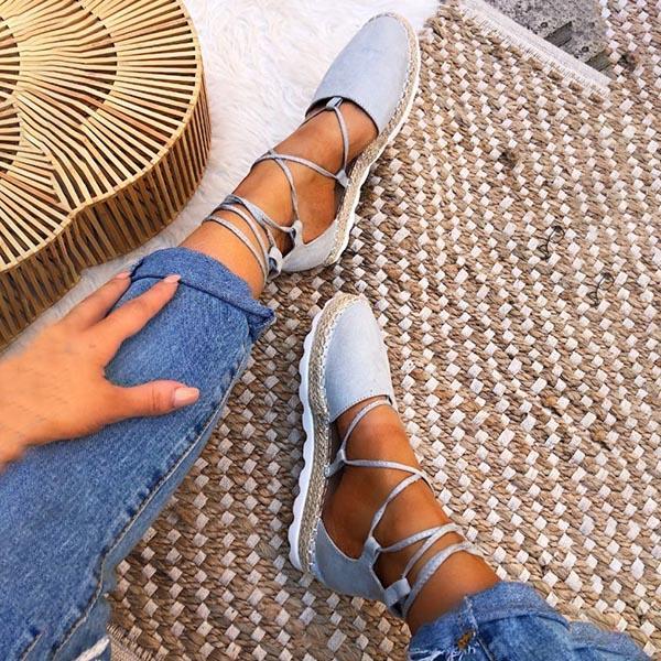Solid Color Lace-Up Hollow Ankle Strap Flats