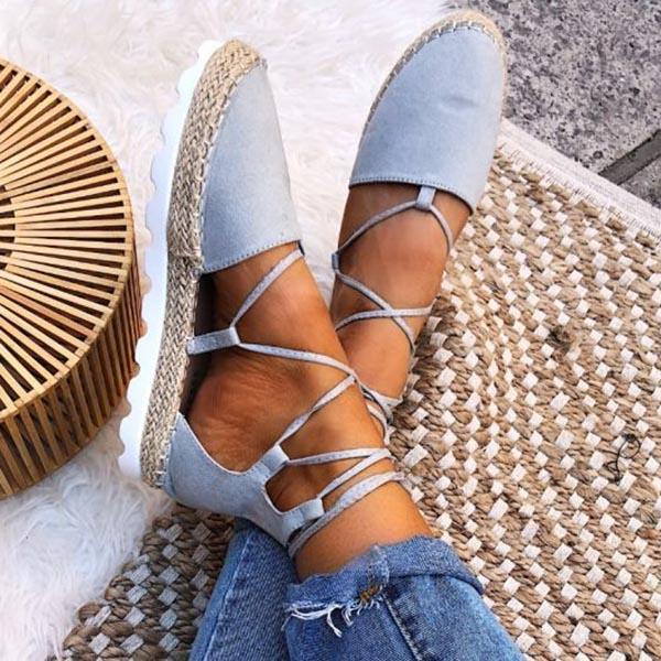 Solid Color Lace-Up Hollow Ankle Strap Flats