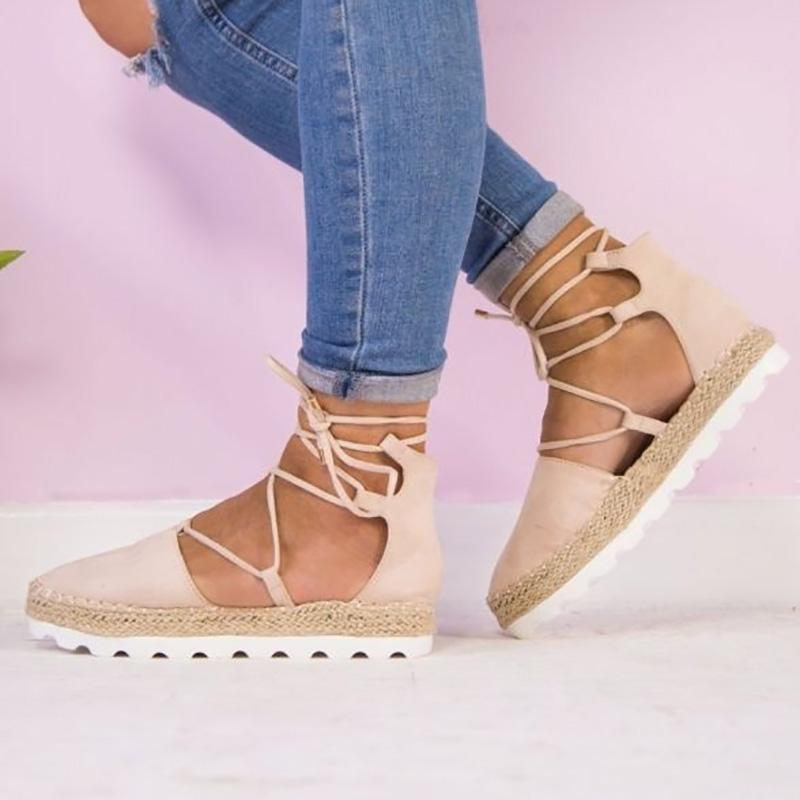 Solid Color Lace-Up Hollow Ankle Strap Flats
