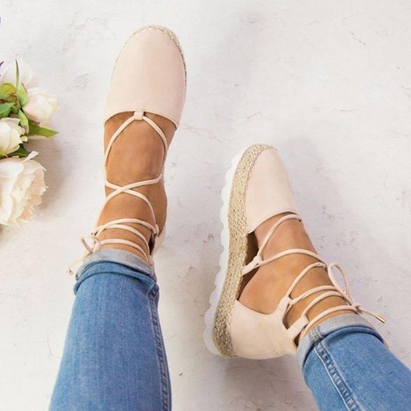 Solid Color Lace-Up Hollow Ankle Strap Flats
