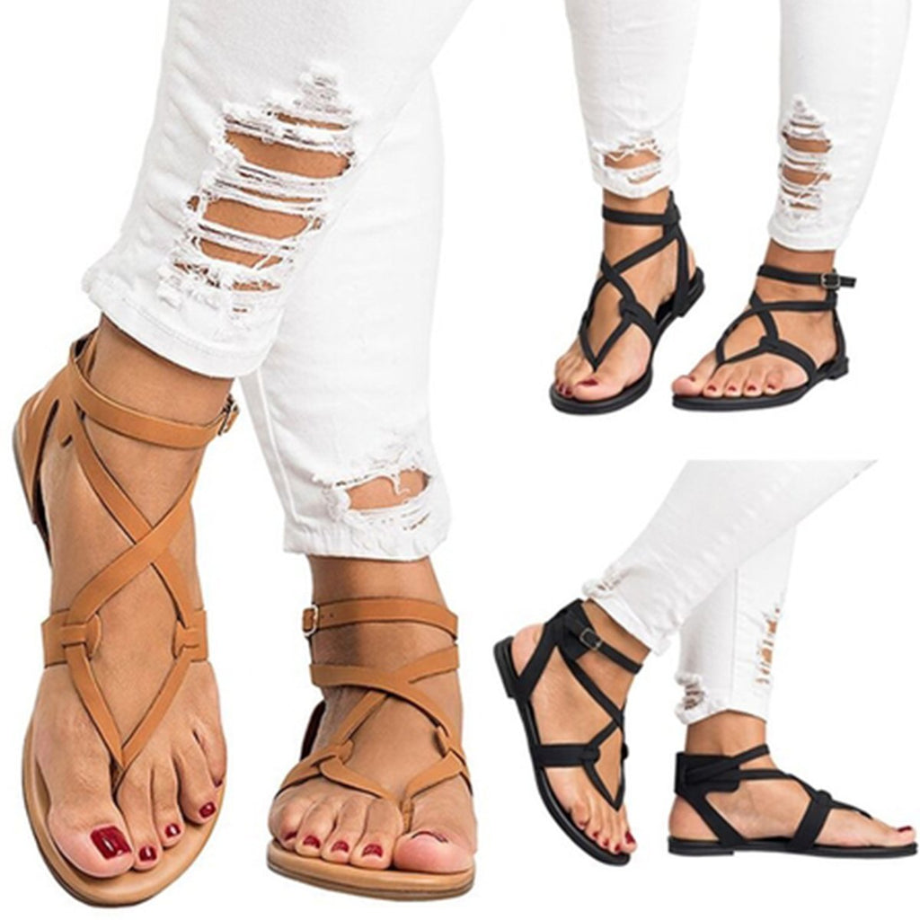 Large Size Adjustable Buckle Flat PU Sandals Women Shoes