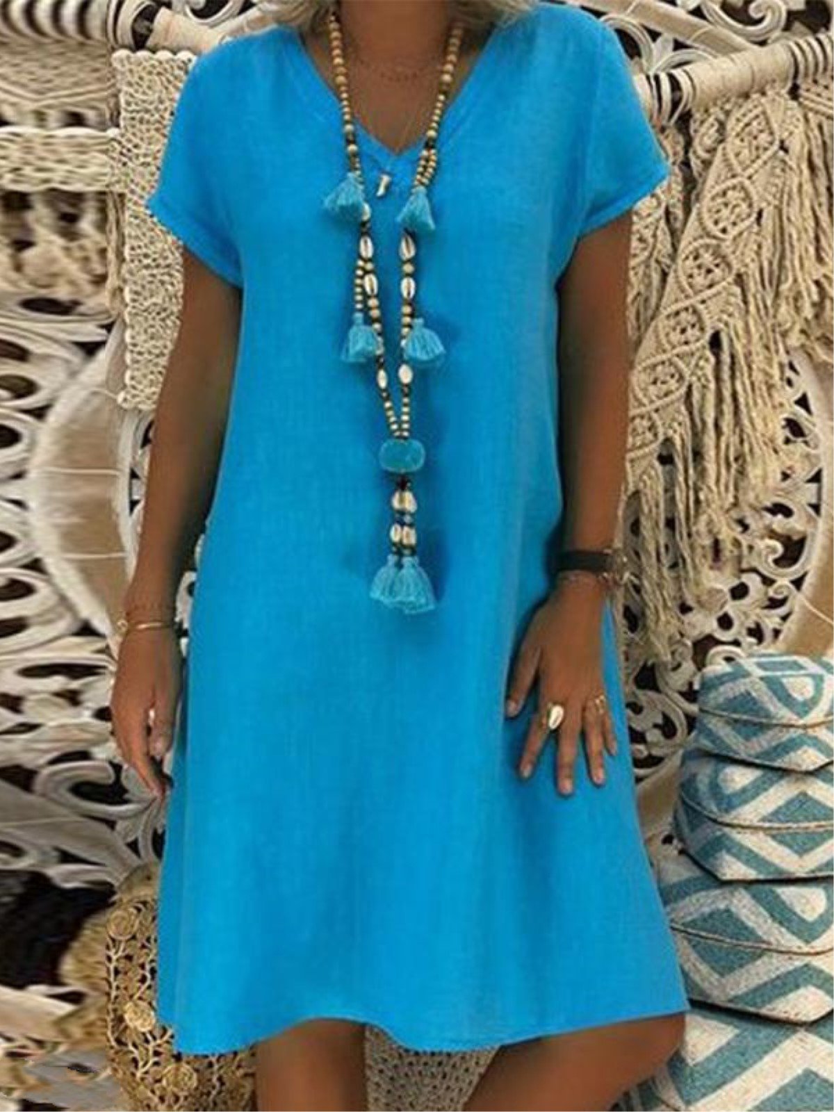 Casual Solid V-Neck Plus Size Dress