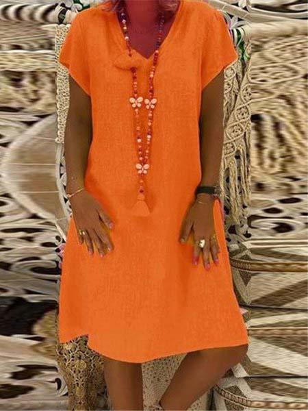 Casual Solid V-Neck Plus Size Dress