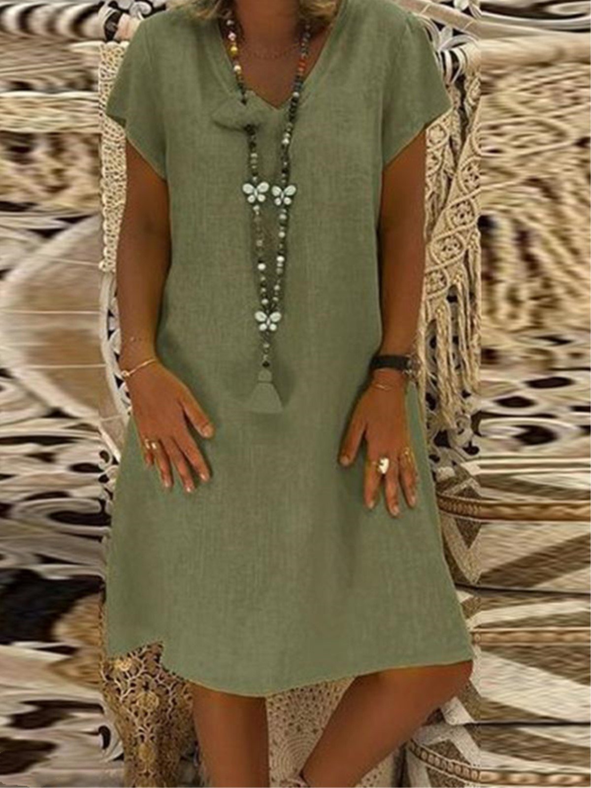 Casual Solid V-Neck Plus Size Dress