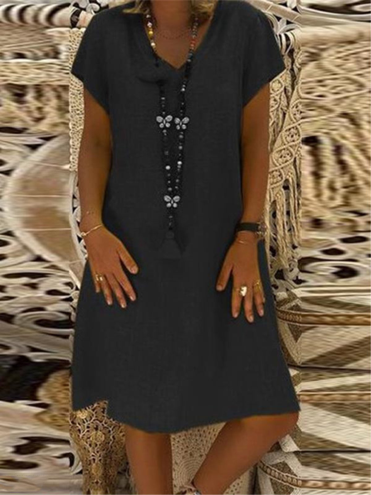 Casual Solid V-Neck Plus Size Dress