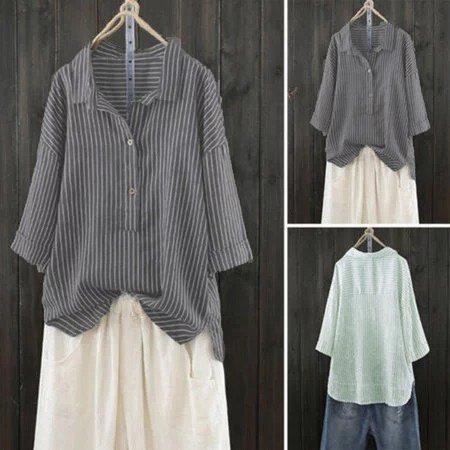 3/4 Sleeve Buttoned Casual Striped Shift Blouse