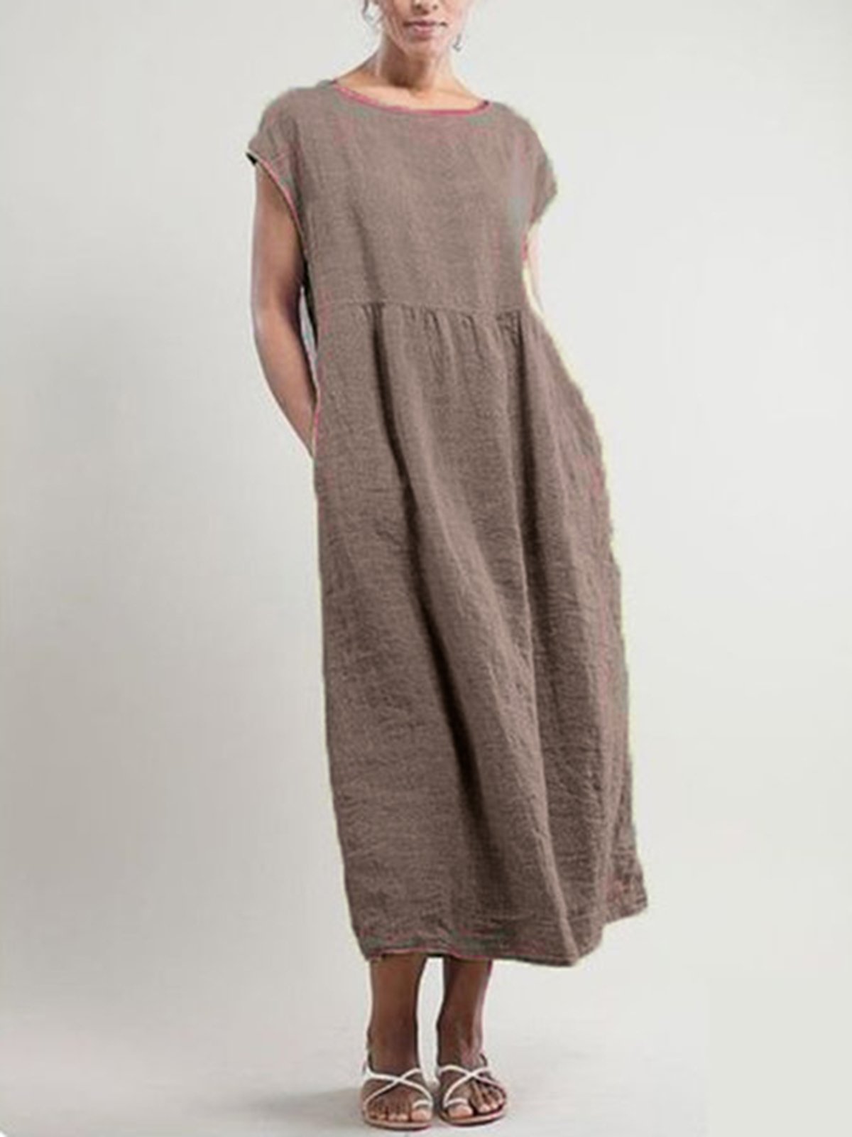 Crew Neck Women Dresses Shift Daily Cotton Pockets Dresses