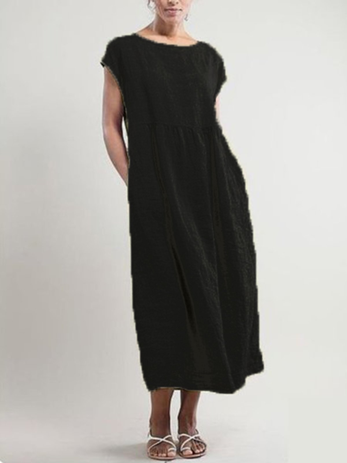 Crew Neck Women Dresses Shift Daily Cotton Pockets Dresses