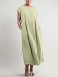 Crew Neck Women Dresses Shift Daily Cotton Pockets Dresses