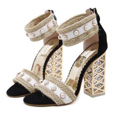 Women Imitation Pearl Sexy Open Toe Heels