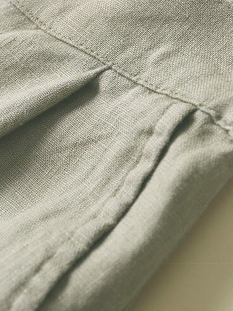 Solid Pockets Elastic Linen Casual Straight Pants
