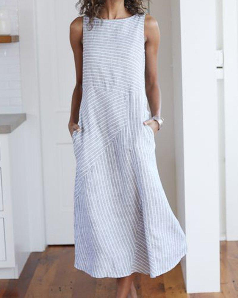 Cotton Striped Dresses Crew Neck Light Gray Women Dresses Shift Daily