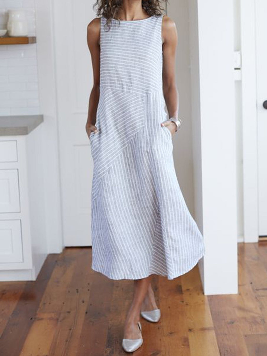 Cotton Striped Dresses Crew Neck Light Gray Women Dresses Shift Daily