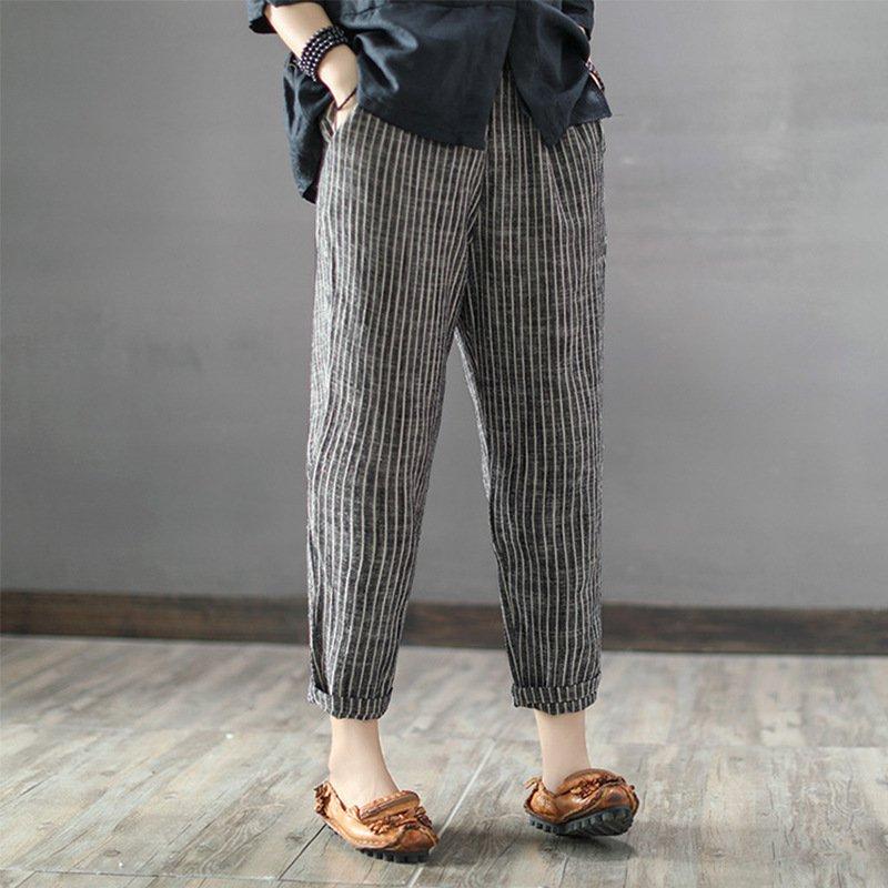 Elastic Waist Striped Linen Casual Pants