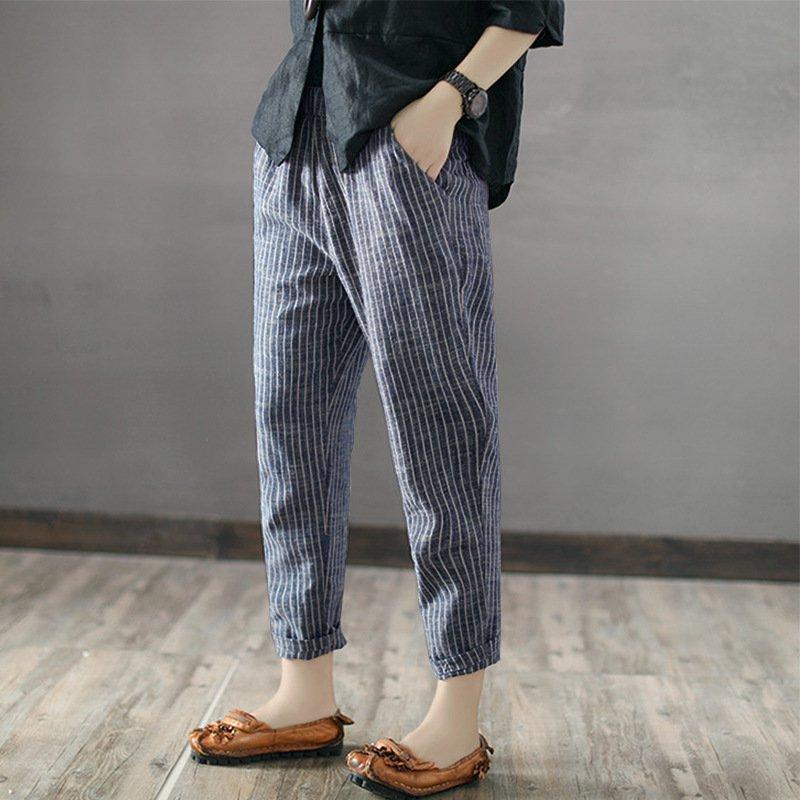 Elastic Waist Striped Linen Casual Pants