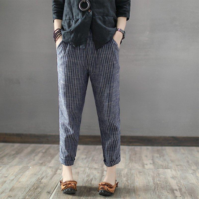 Elastic Waist Striped Linen Casual Pants