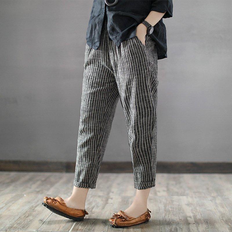 Elastic Waist Striped Linen Casual Pants