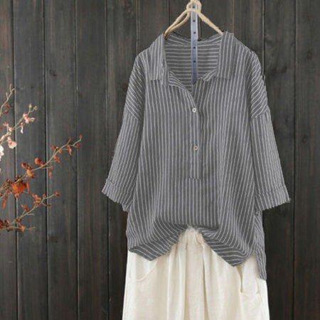 3/4 Sleeve Buttoned Casual Striped Shift Blouse