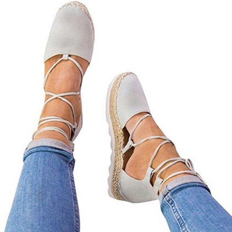 Solid Color Lace-Up Hollow Ankle Strap Flats