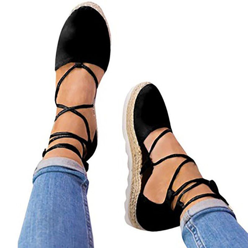 Solid Color Lace-Up Hollow Ankle Strap Flats