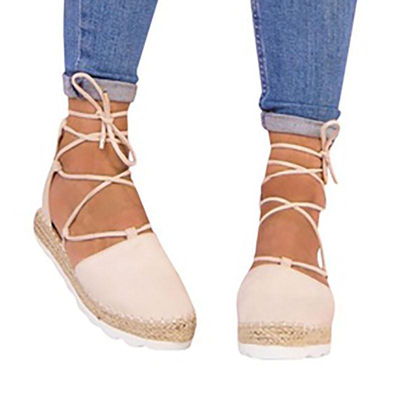 Solid Color Lace-Up Hollow Ankle Strap Flats