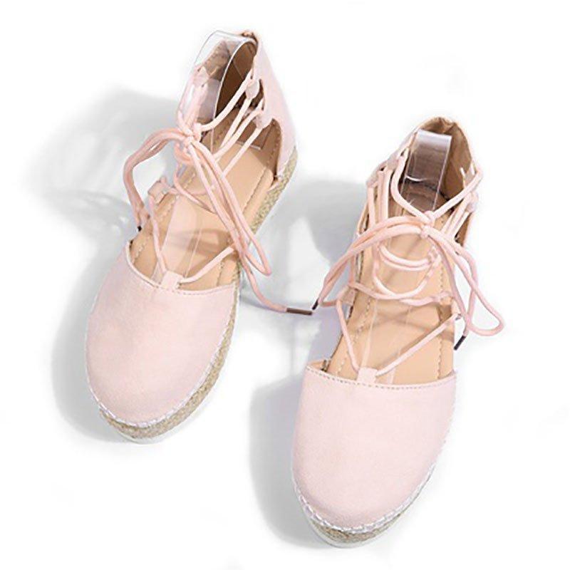 Solid Color Lace-Up Hollow Ankle Strap Flats