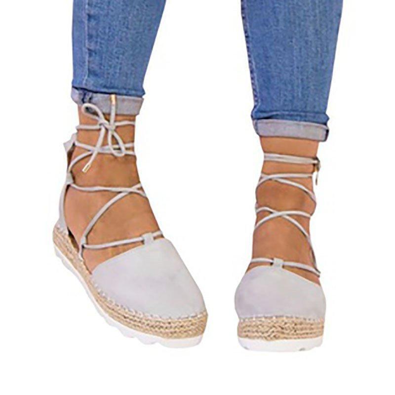 Solid Color Lace-Up Hollow Ankle Strap Flats