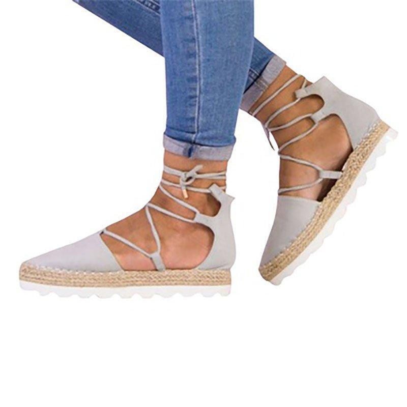 Solid Color Lace-Up Hollow Ankle Strap Flats