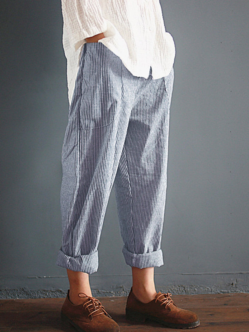 Pockets Casual Striped Plus Size Pants