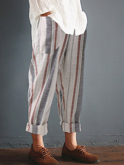 Pockets Casual Striped Plus Size Pants