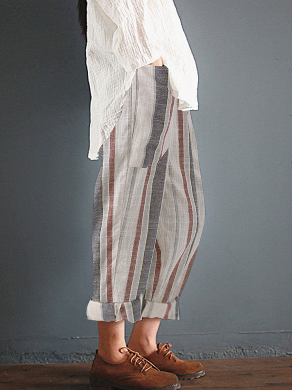 Pockets Casual Striped Plus Size Pants