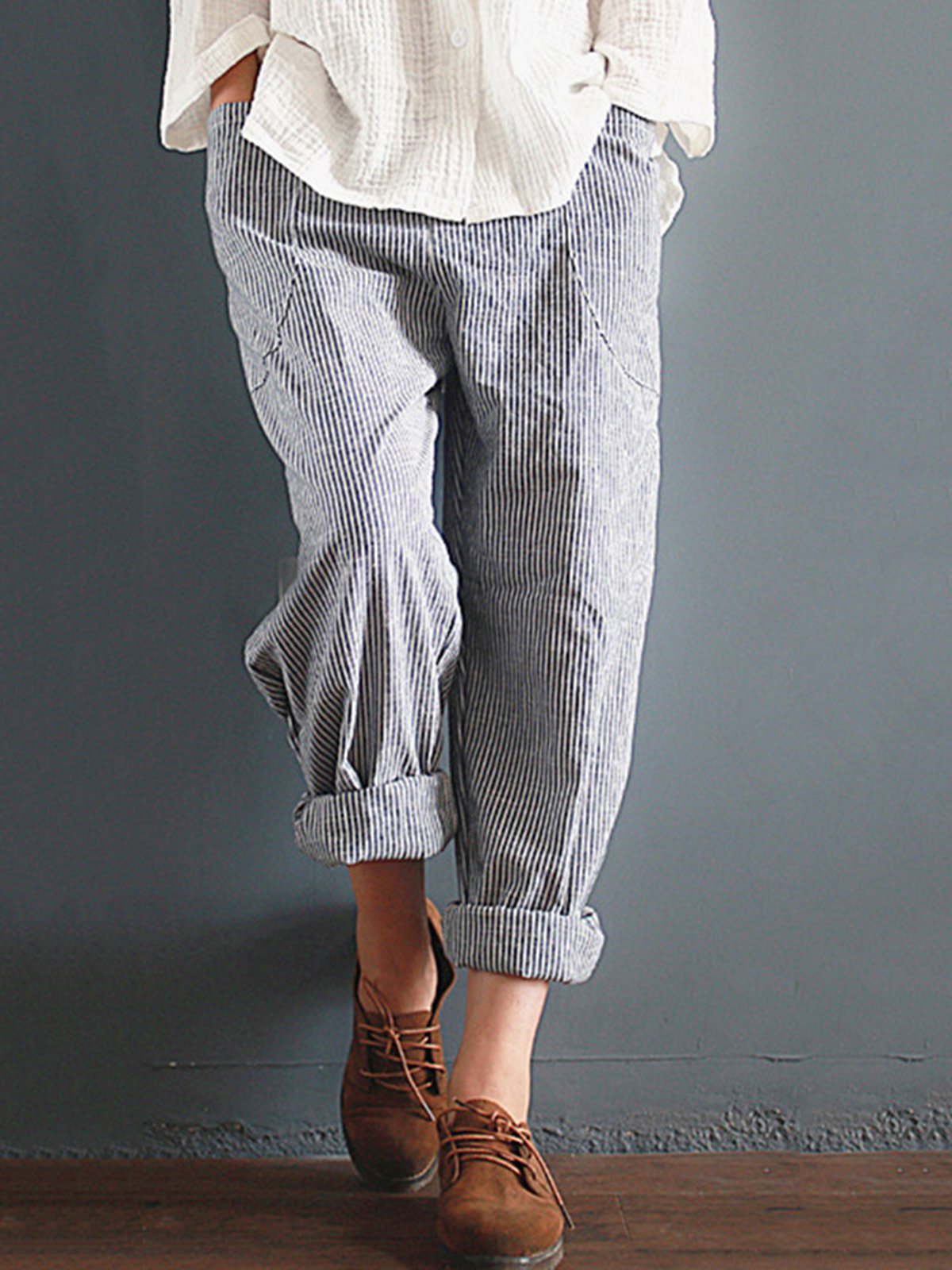 Pockets Casual Striped Plus Size Pants