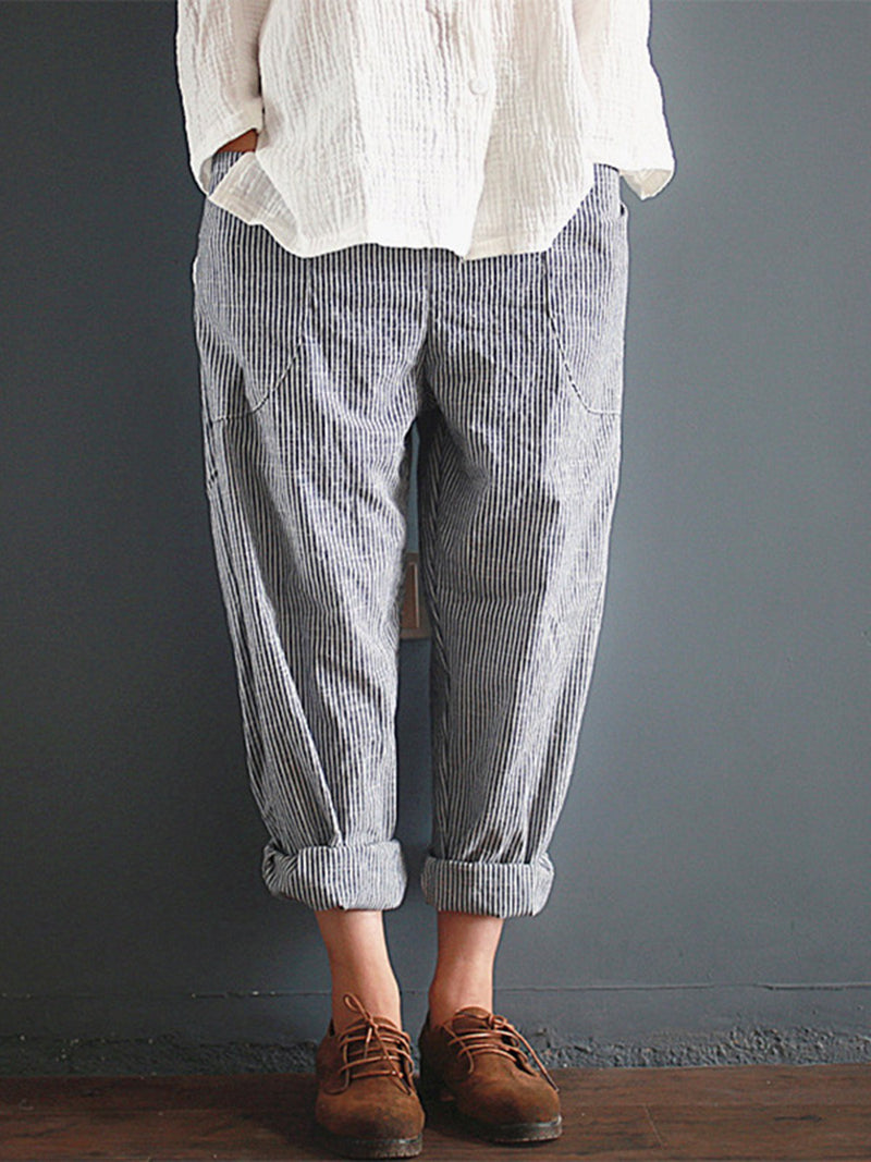 Pockets Casual Striped Plus Size Pants