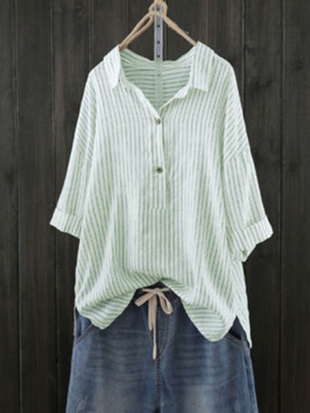 3/4 Sleeve Buttoned Casual Striped Shift Blouse