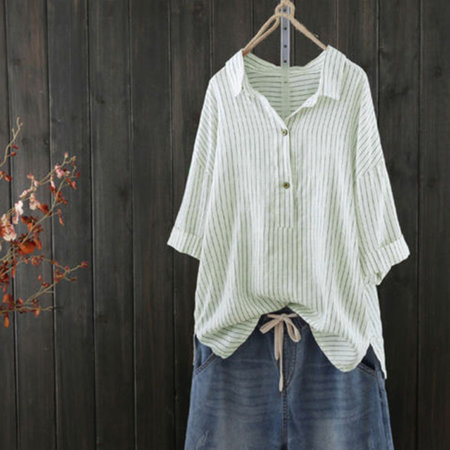 3/4 Sleeve Buttoned Casual Striped Shift Blouse