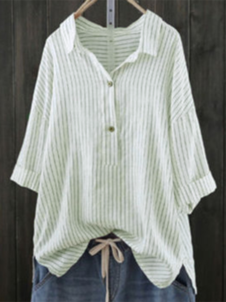3/4 Sleeve Buttoned Casual Striped Shift Blouse