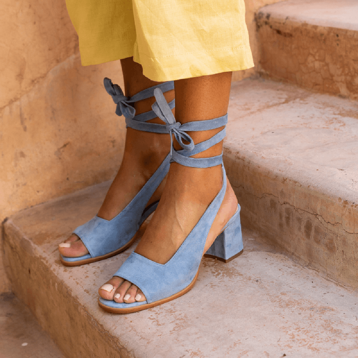 Women Bandage Suede Pumps Holiday Summer Chunky Heel Sandals