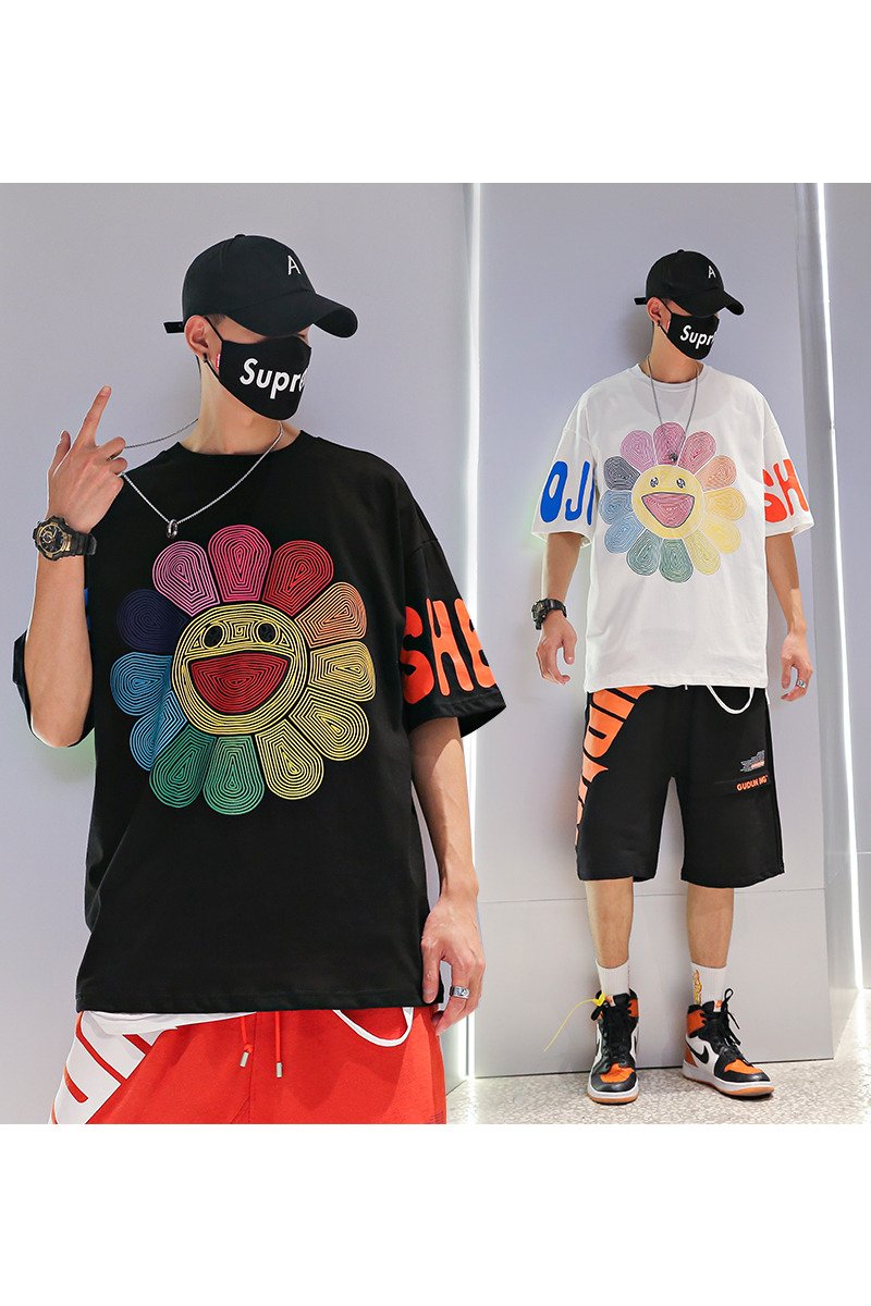 Summer sun flower smiley face print loose hip hop t-shirt