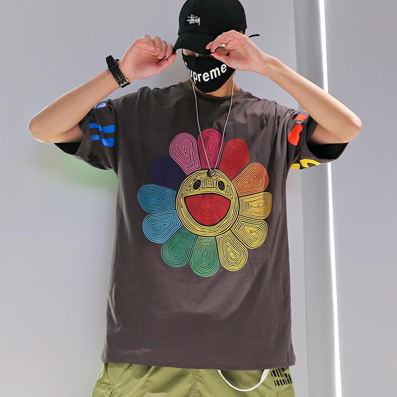 Summer sun flower smiley face print loose hip hop t-shirt