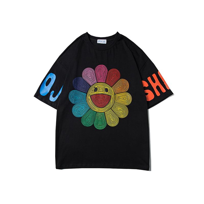 Summer sun flower smiley face print loose hip hop t-shirt