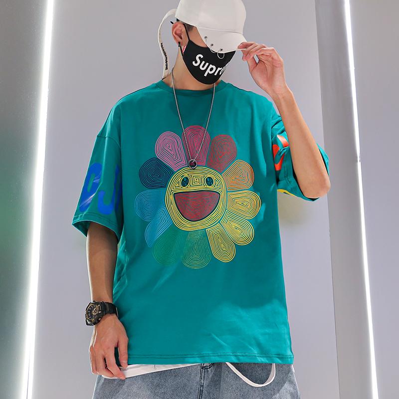 Summer sun flower smiley face print loose hip hop t-shirt