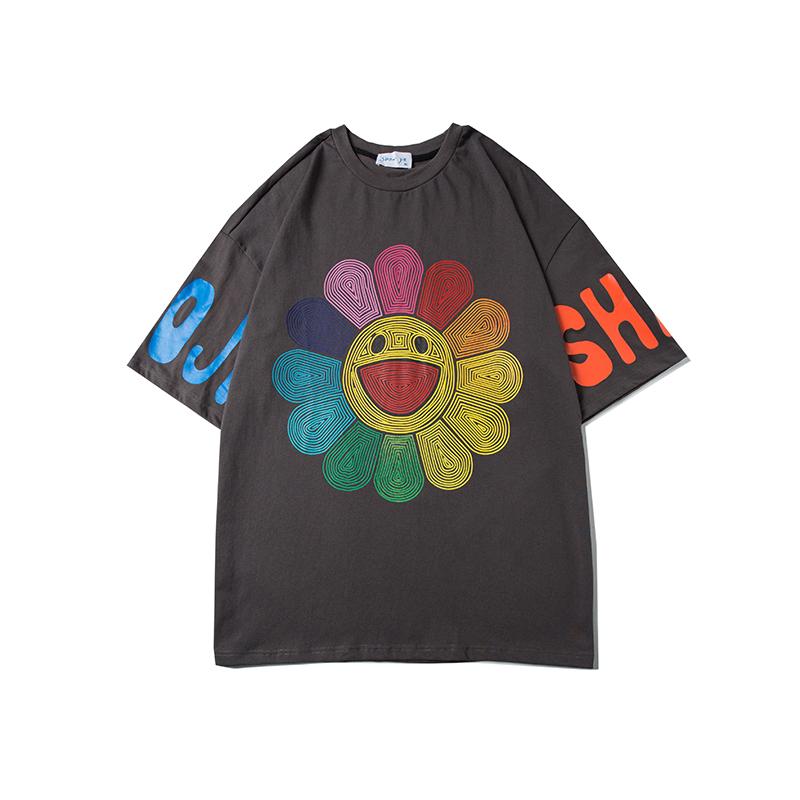 Summer sun flower smiley face print loose hip hop t-shirt