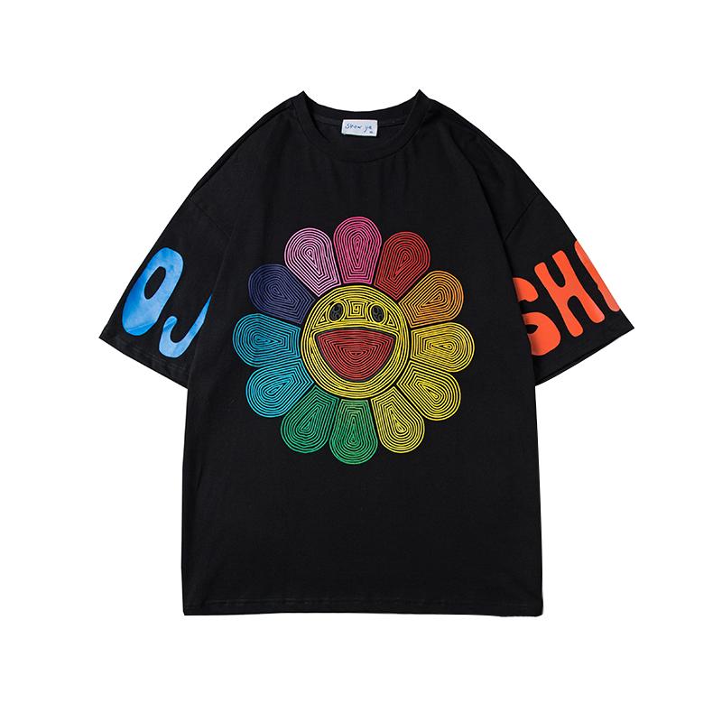 Summer sun flower smiley face print loose hip hop t-shirt